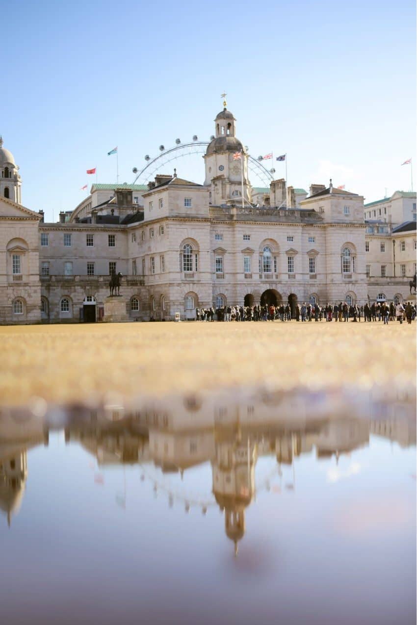 Horse Guards Parade and the National Calvary Museum reflecting with the London Eye peeping from behind.
