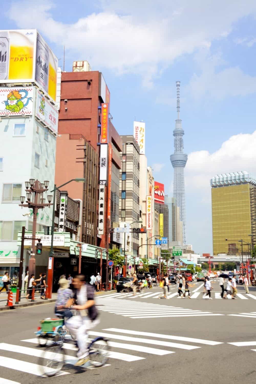 Downtown near Asakusa with the giant Tokyo Skytree looking like a sci-fi movie backdrop.