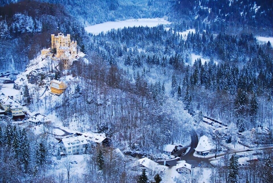 Hohenschwangau Castle and the village of Hohenschwangau.