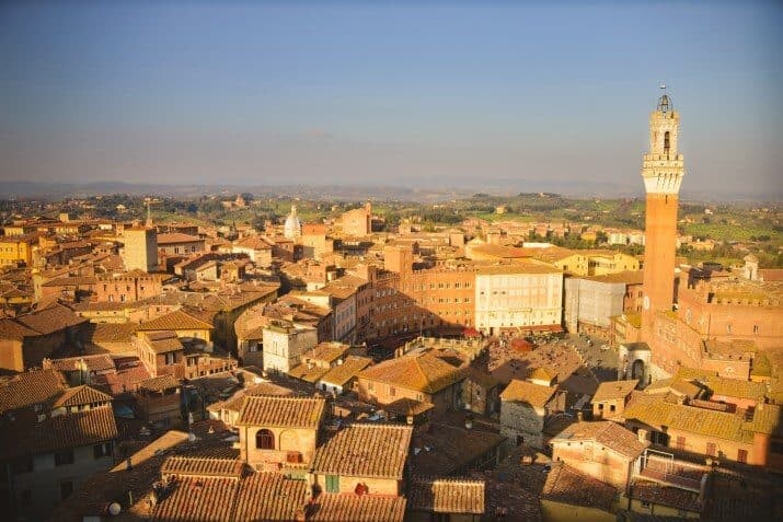 The town of Siena  and Piazza del Campo photographed from atop the Duomo di Siena.