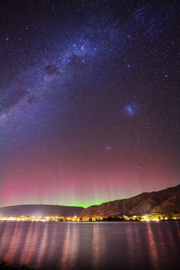 The Aurora Australis and Milky Way shining bright over Lake Wanaka.