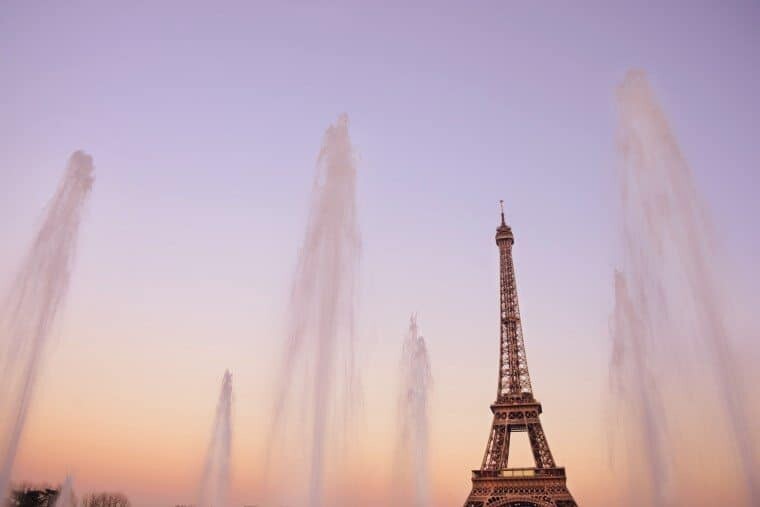 The Eiffel Tower framed by the Warsaw Fountains.
