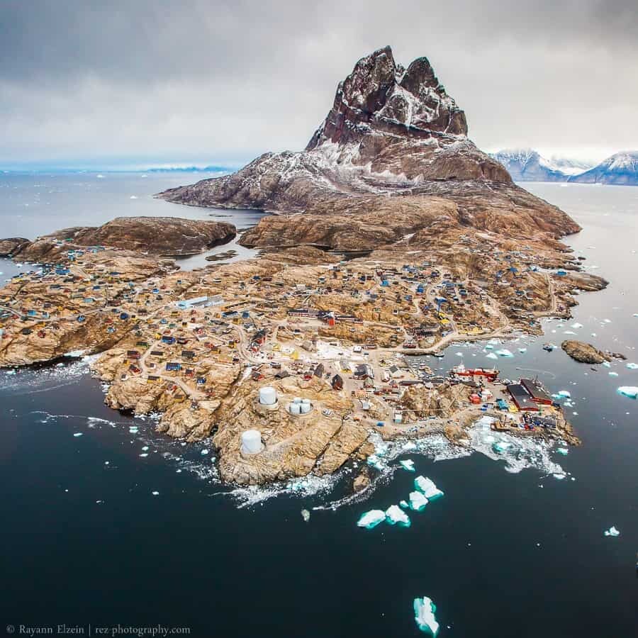 Heart shaped Uummannaq mountain and town in Greenland