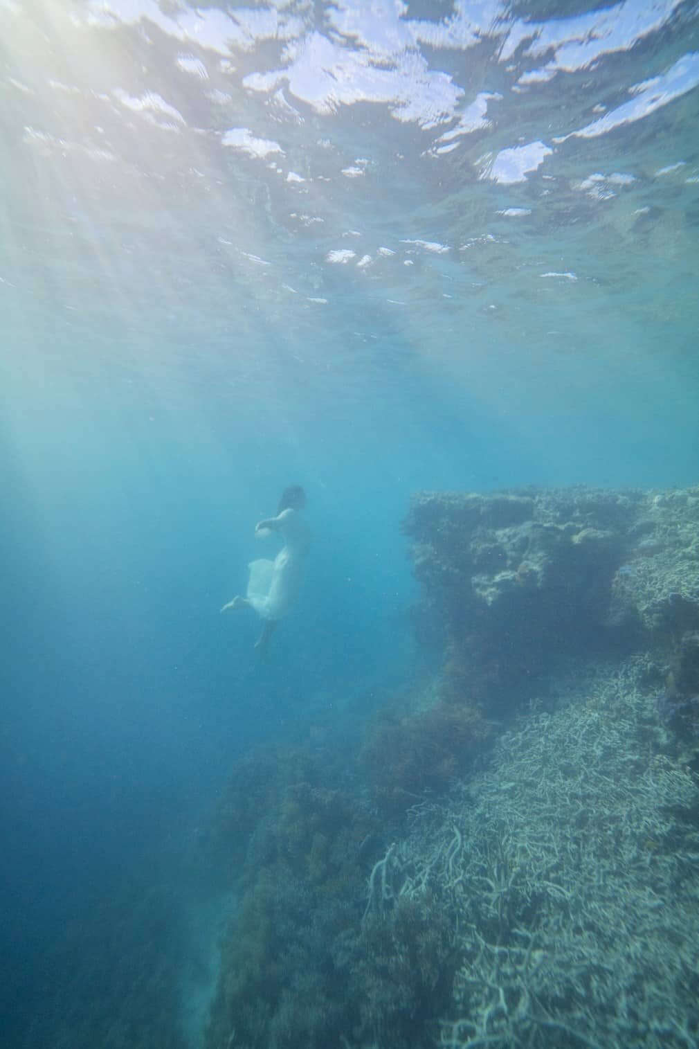 Underwater Photography Great Barrier Reef, model in white dress dancing underwater, photography by Lisa Michele Burns